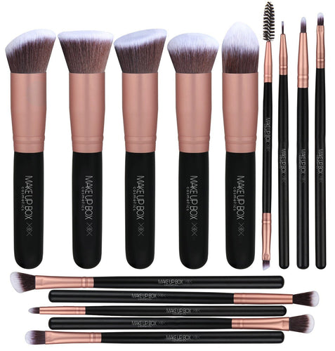 Makeupbox 14 Brochas de maquillaje kabuki Rose Gold Profesionales Gran Aplicación Suaves y Firmes%100 Veganas y cruelty fre (Negro)