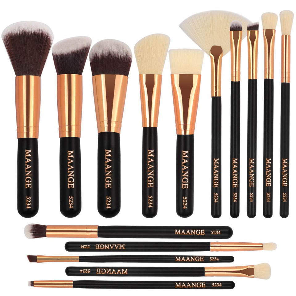 MAANGE Brochas de Maquillaje 15 Piezas Suaves Set de Brochas Para Maquillaje Brochas de Maquillaje Profesional Libre de Crueldad Pinceles de Maquillaje Kabuki(Negro)