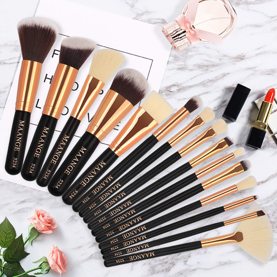 MAANGE Brochas de Maquillaje 15 Piezas Suaves Set de Brochas Para Maquillaje Brochas de Maquillaje Profesional Libre de Crueldad Pinceles de Maquillaje Kabuki(Negro)
