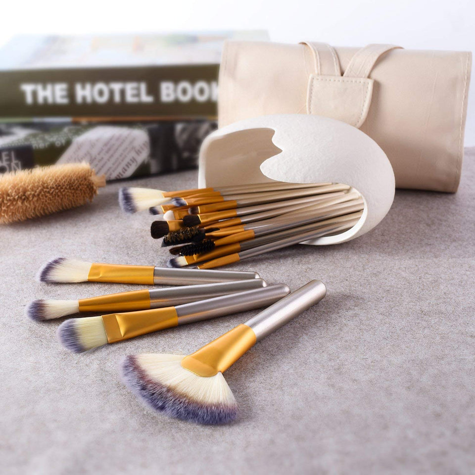 Brochas de Maquillaje 24 piezas, Set Brochas para Maquillaje Profesional Pelo Natural para Maquillaje, Brochas para Sombra de Ojos y Rostro, Regalo Ideal + Estuche de Viaje.