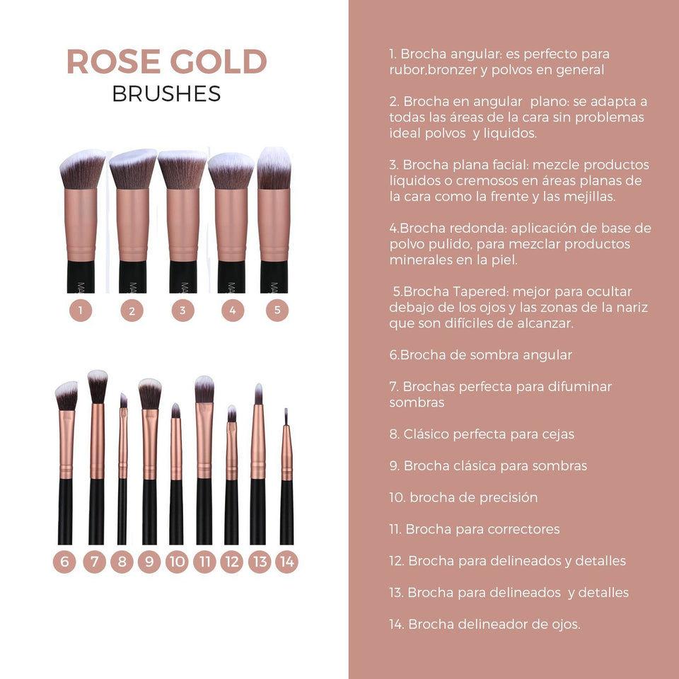 Makeupbox 14 Brochas de maquillaje kabuki Rose Gold Profesionales Gran Aplicación Suaves y Firmes%100 Veganas y cruelty fre (Negro)