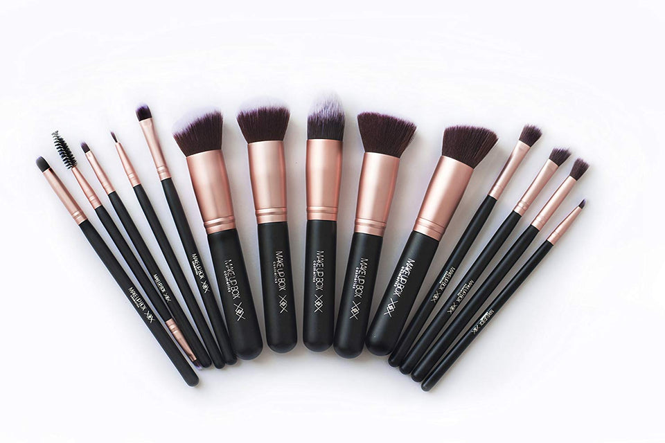 Makeupbox 14 Brochas de maquillaje kabuki Rose Gold Profesionales Gran Aplicación Suaves y Firmes%100 Veganas y cruelty fre (Negro)