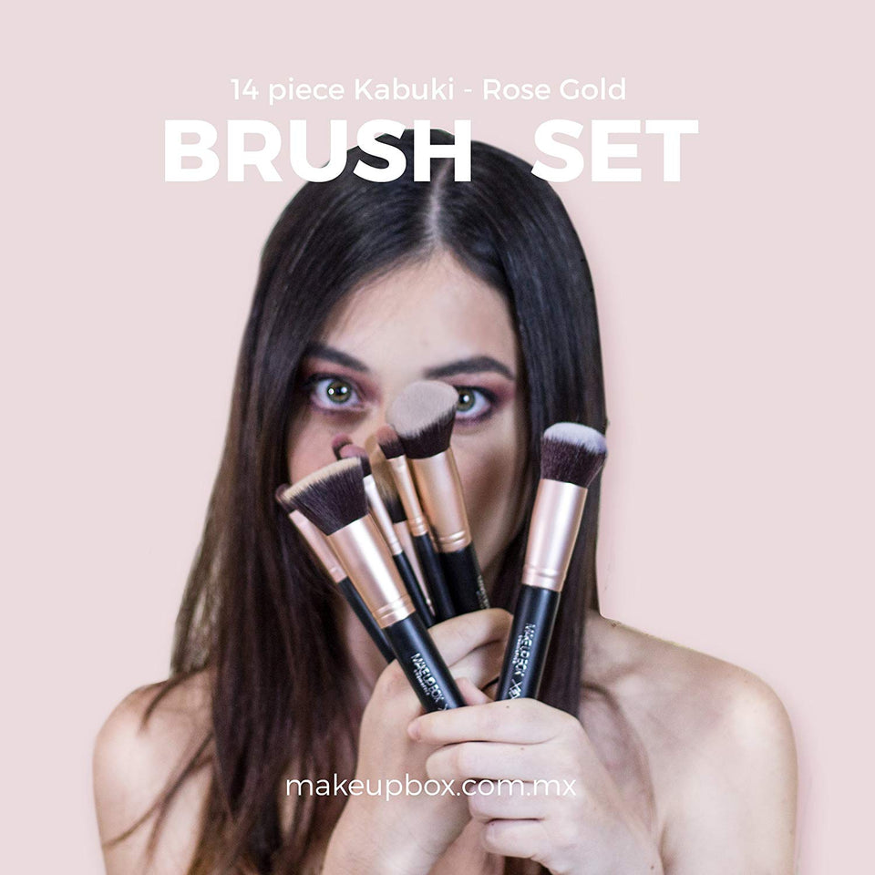 Makeupbox 14 Brochas de maquillaje kabuki Rose Gold Profesionales Gran Aplicación Suaves y Firmes%100 Veganas y cruelty fre (Negro)